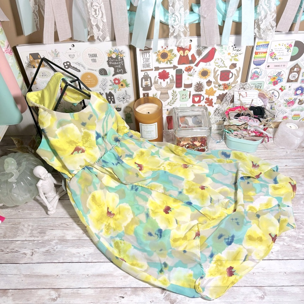 2-Hip by Wrapper Girl’s Floral Blue & Yellow High Low Dress Size 7 Sheer Spring